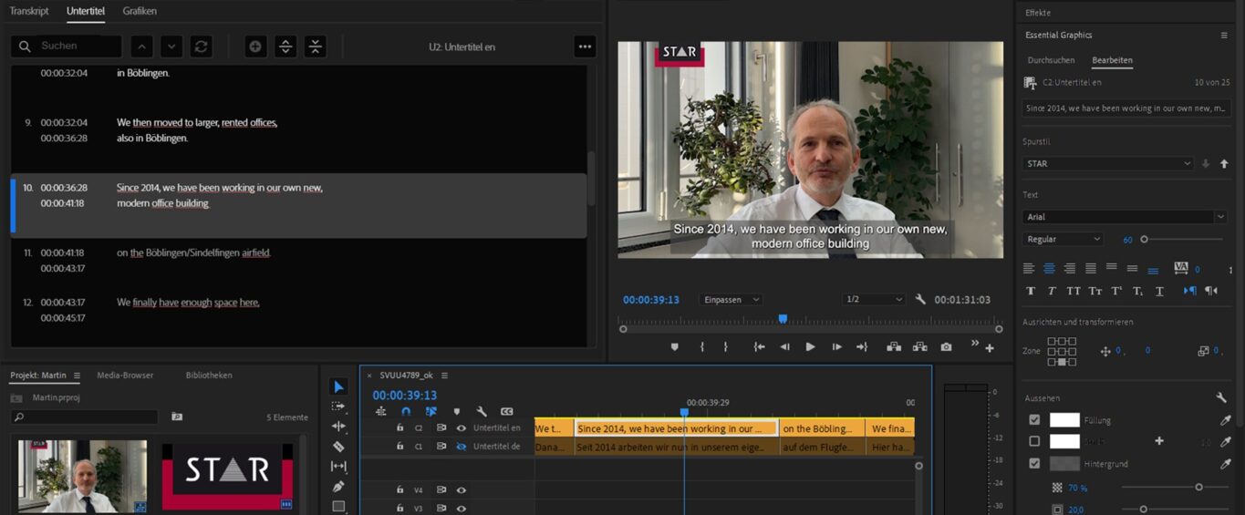 Adobe Premiere-Pro Interface zeigt einen Filmausschnitt mit Untertitel.
