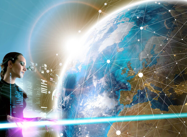 Globus futuristisch vernetzt dargestellt mit Person vor einem futuristischen Display.
