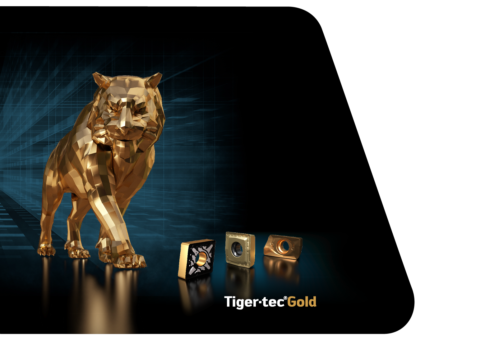 Präsentation von Walter Fräswerkzeugen mit goldenem Tiger auf schwarzem Hintergrund.