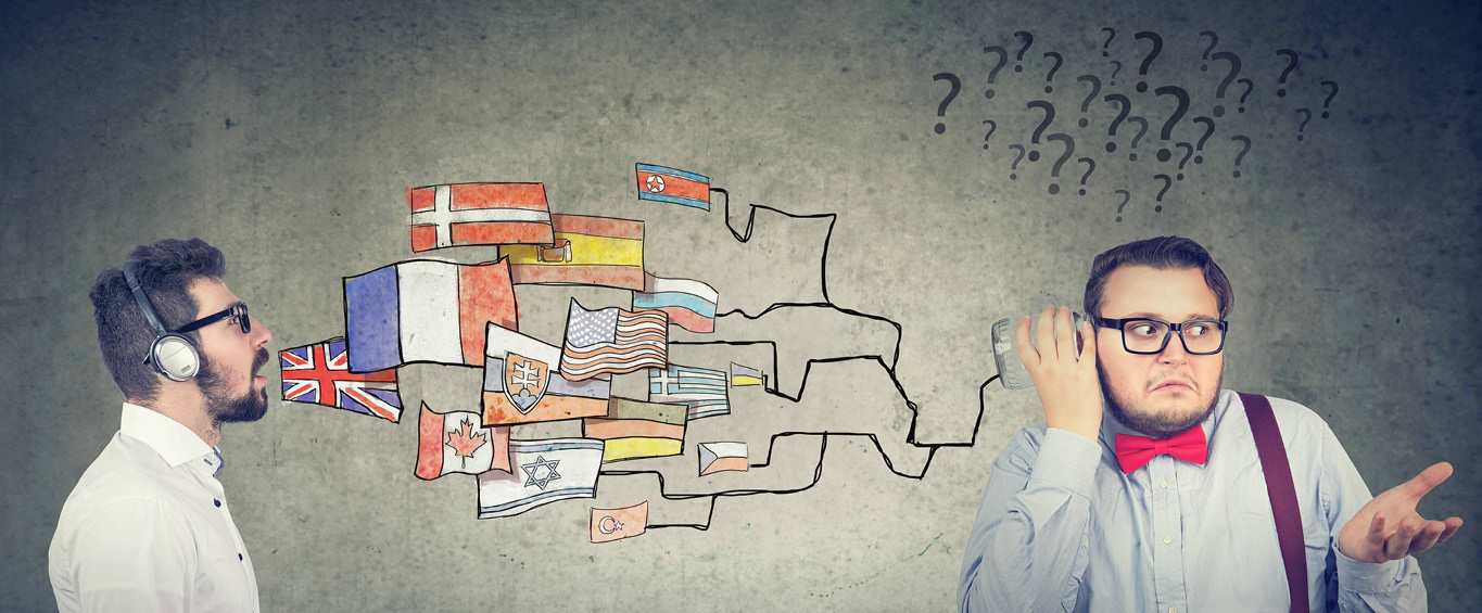 Illustration mit zwei Männern, zwischen denen verschiedene Landesflaggen als Symbol für sprachliche Barrieren und unübersetzbare Wörter dargestellt sind.