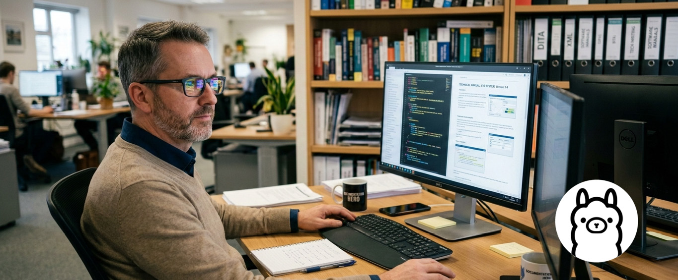 Technical writer working in an office at a computer with code and documentation software open on the screen