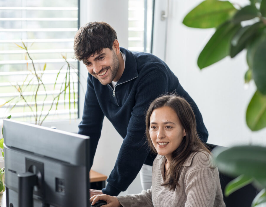 Two people collaborating at a computer workstation in an office, looking at content on a monitor.