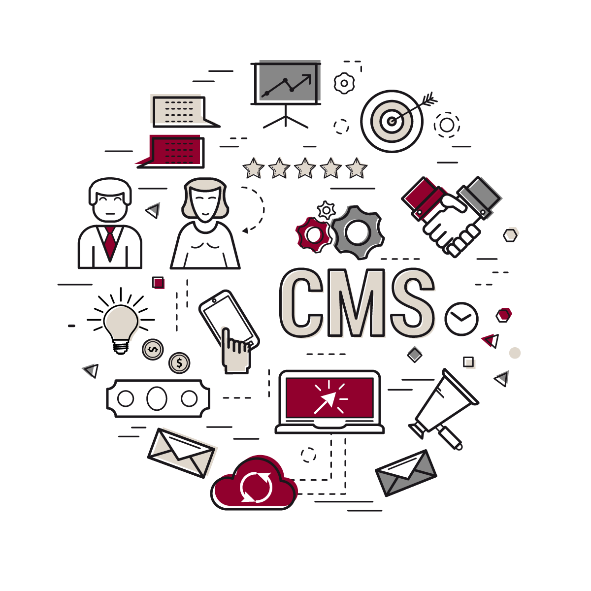 Illustration mit Symbolen zu Kommunikation, Datenverwaltung, Zusammenarbeit und Content‑Management im Kontext des Informationsmanagements.