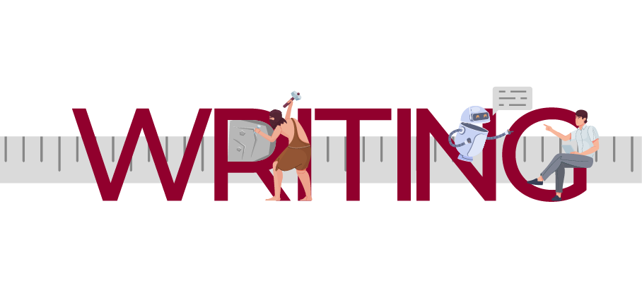 Illustration of the word ‘WRITING’ featuring characters representing different stages of text and content creation.