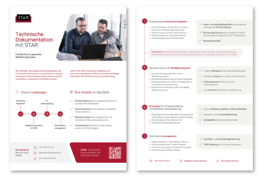 Screenshot of a two-page flyer about technical documentation featuring service information and contact details.