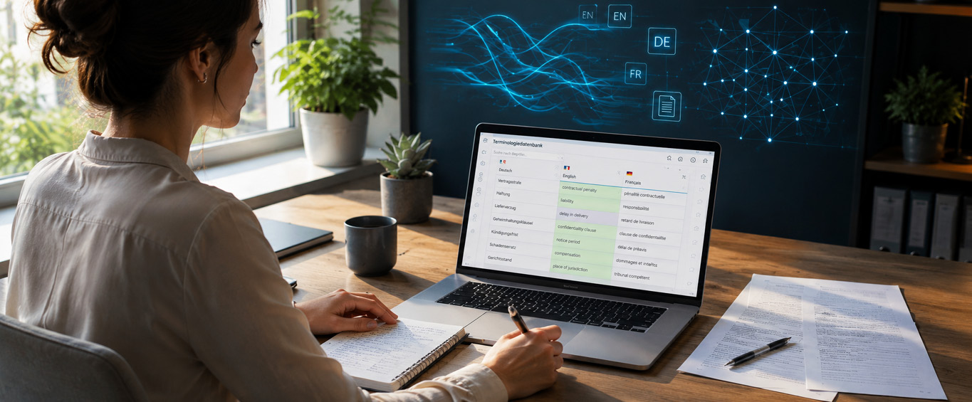 Arbeitsplatz mit Laptop, der eine Terminologiedatenbank in mehreren Sprachen zeigt, ergänzt durch visuelle Darstellungen von KI‑gestützter Übersetzung und vernetzten Sprachdaten
