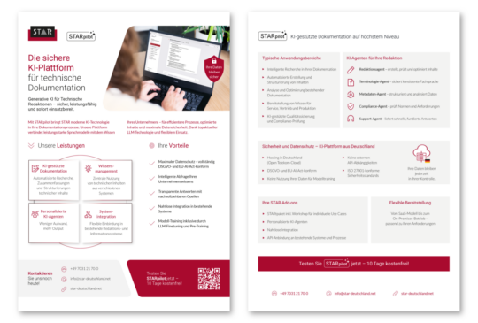Screenshot eines zweiseitigen STARpilot Flyers zur KI‑gestützten Plattform für technische Dokumentation mit Leistungsübersicht und Anwendungsbereichen.