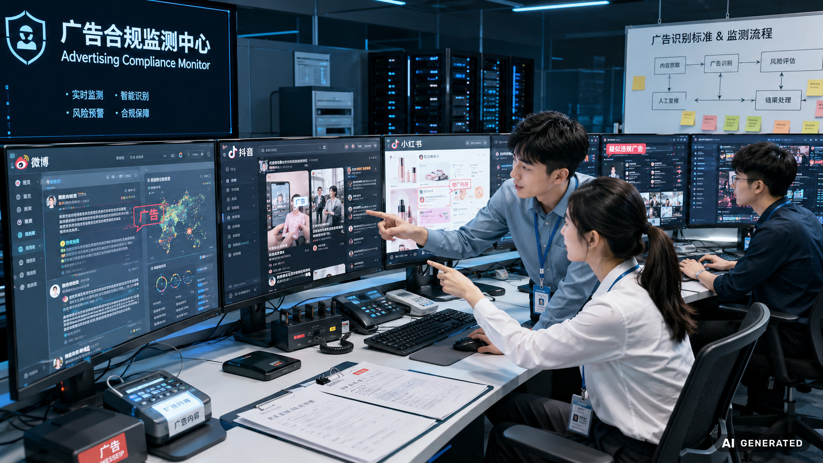 KI-generiertes Bild: Mehrere Personen analysieren an einem Multi‑Monitor‑Arbeitsplatz digitale Inhalte und Kennzeichnungen im Rahmen der Überwachung und Prüfung von Werberichtlinien im internationalen Kontext.