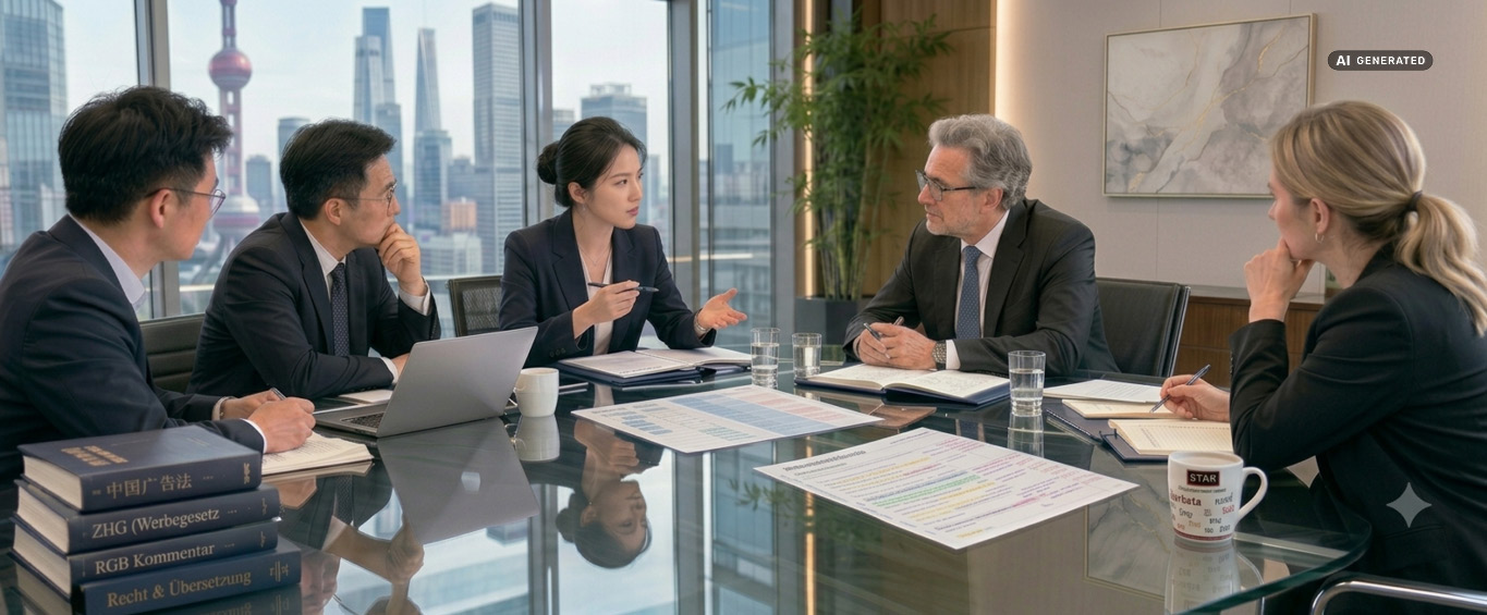 KI-generiertes Bild: Mehrere Personen sitzen in einem Konferenzraum mit Blick auf eine moderne Großstadt und besprechen Dokumente sowie Unterlagen im Kontext internationaler Geschäftskommunikation und regulatorischer Anforderungen.