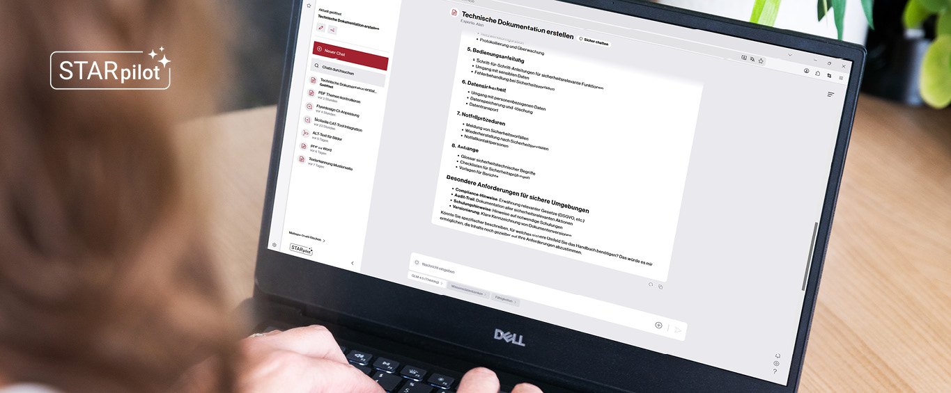 Laptop displaying the STARpilot interface for AI-assisted technical documentation, including structured content generation and documentation support.