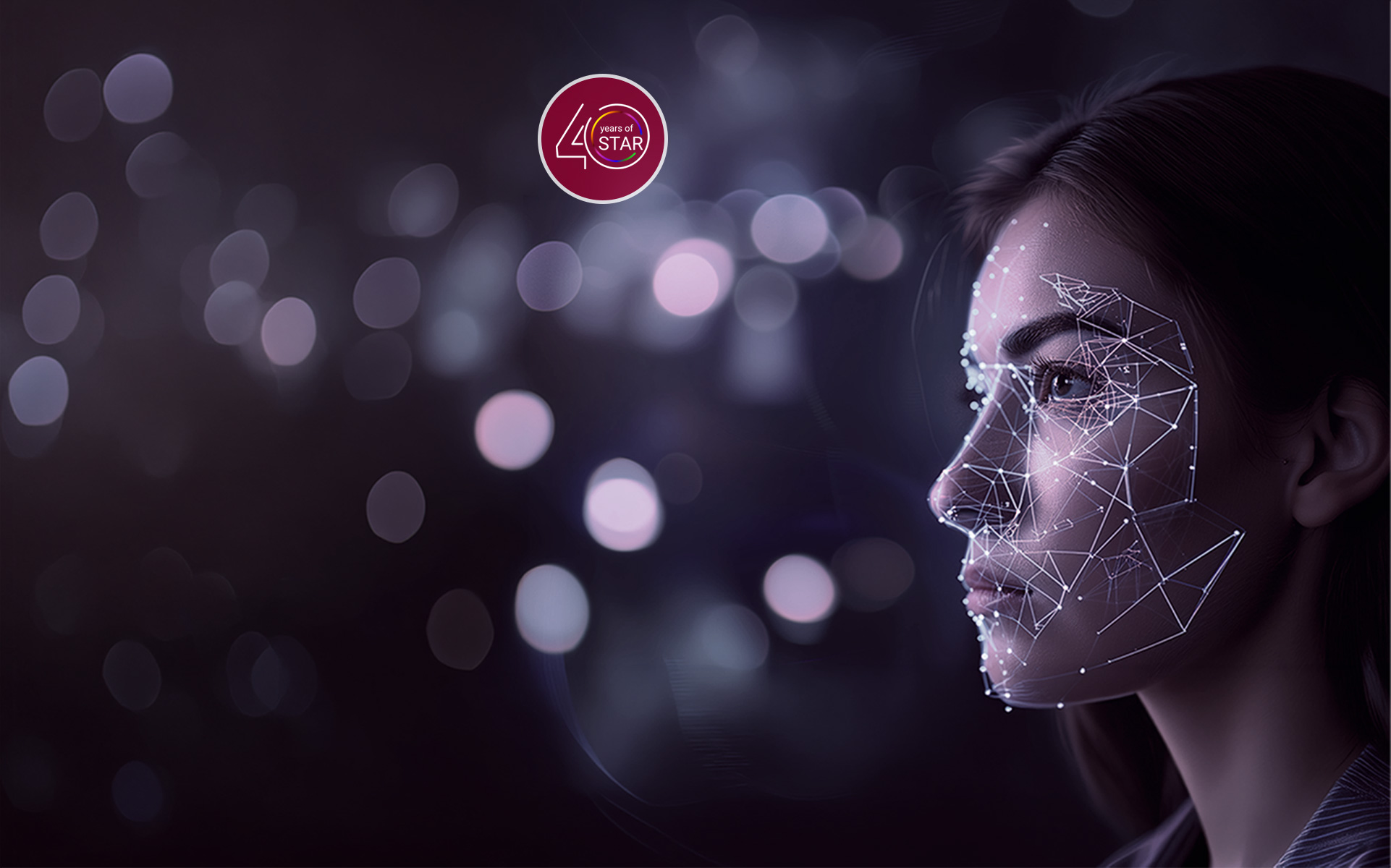 Visualisierung zur Zukunft der künstlichen Intelligenz mit digital vernetztem Gesicht, abstrakten Datenstrukturen und einem Hinweis auf 40 Jahre STAR.