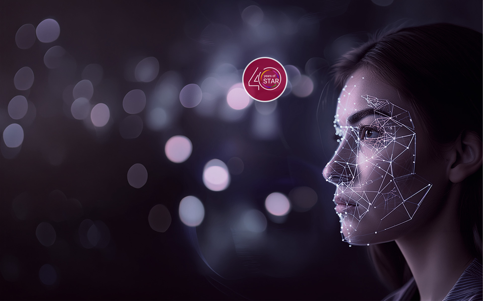 Visualisierung zur Zukunft der künstlichen Intelligenz mit digital vernetztem Gesicht, abstrakten Datenstrukturen und einem Hinweis auf 40 Jahre STAR.