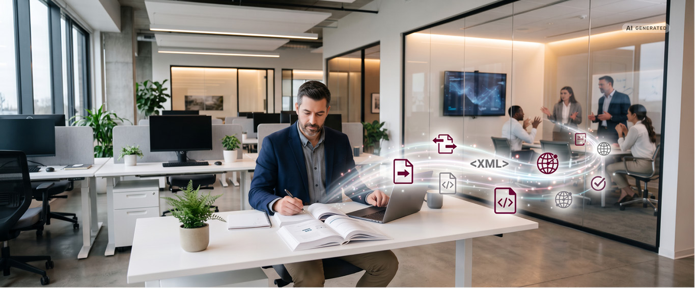 Person arbeitet an technischer Dokumentation im Büro; digitale Inhalte und XML-basierte Informationsflüsse symbolisieren das Outsourcing der technischen Redaktion. KI-generierte Illustration.